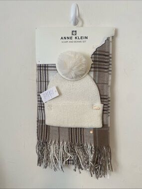 Anne Klein Cream Beanie with Pom & Brown Plaid Scarf Set